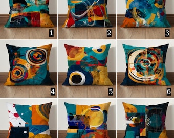 Abstracte blauwgele sierkussensloop, moderne geometrische kussenhoes, eigentijds decor