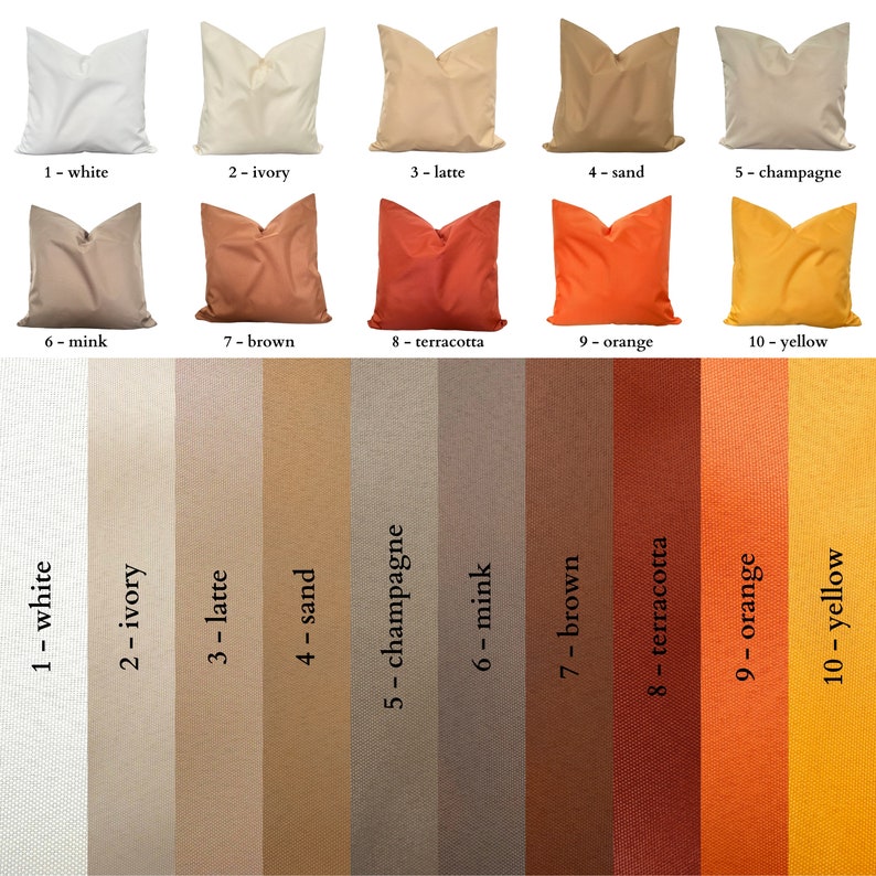 natural colored outdoor pillow covers. white, ivory, latte, sand, champagne, mink, brown, terracotta, orange, yellow.