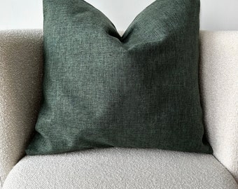 Dark Green Linen Boho Throw Pillow Cover, High Quality Invisible Zipper Pillow Cover, Linen Cushion Cover, Farmhouse Decor, 18x18, 20x20