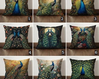 Poszewka na poduszkę Moody Peacock, luksusowa, elegancka, zielono-niebieska poszewka na poduszkę z ptakiem, wystrój w stylu maksymalistycznym