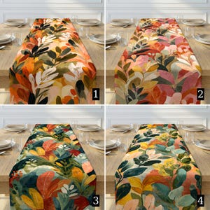 Runner da tavola con motivo astratto a foglie, decorazioni autunnali per la sala da pranzo nei toni del verde e dell'arancione, tovaglia floreale in stile boho.