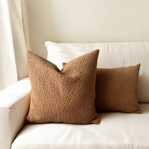 Boucle Camel Comfy Accent Pillow Cover, Extra Soft Pillow Case, Puffy Teddy Lumbar Cushion Cover for Couch Chair or Bed, Invisible Zipper