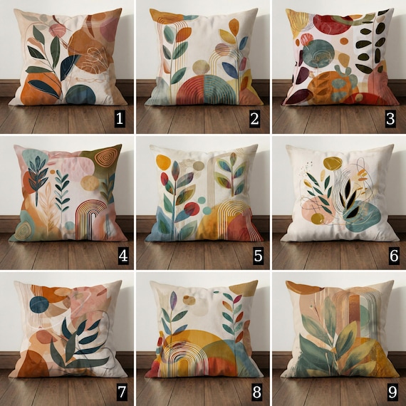 Colorful Abstract Mid Century Pillow Cover, Boho Leaf Arch Cushion Cover, Bedroom Decor