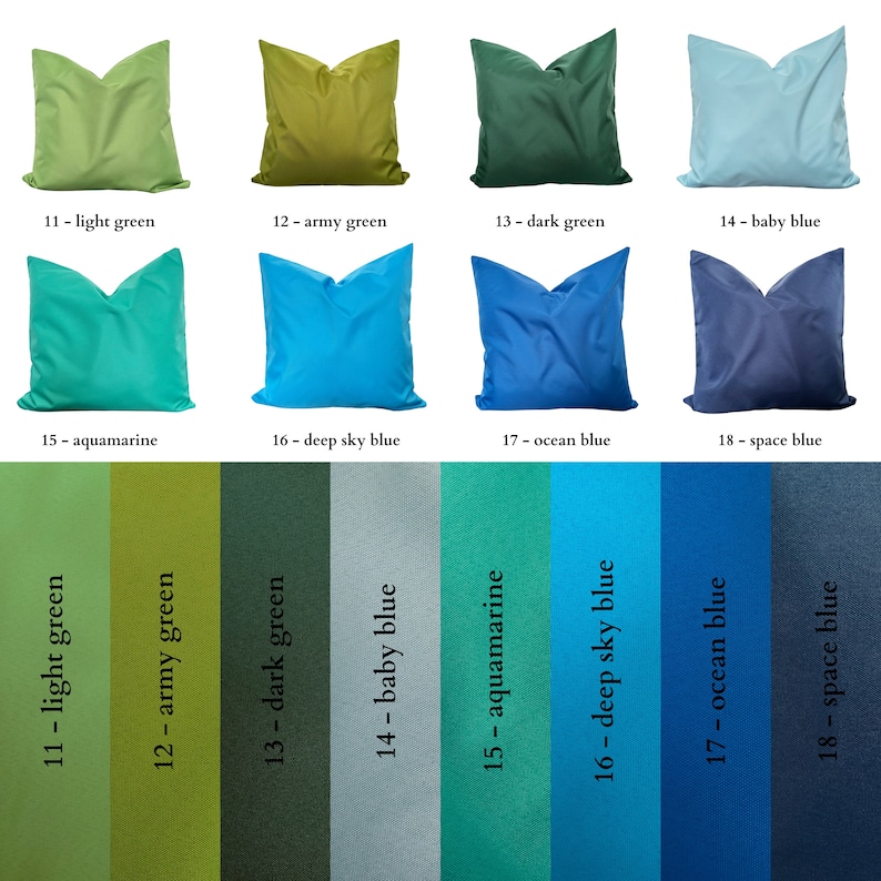 light green, army green, dark green, baby blue, aquamarine, deep sky blue, ocean blue and space navy blue color outdoor accent pillow cases