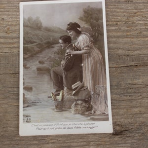 foto francesa antiga cartão postal | Homem, mulher, amar a pesca casal | Sépia | Art Nouveau Art Déco por volta de 1900 - 1920