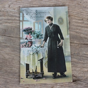 antike deutsche Foto Postkarte | Konfirmation Karte Mädchen | Sepia colouriert Silberauflage Art Deco 1910er bis 20er Jahre
