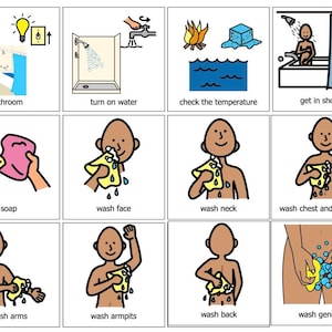 Puede incluir: Un conjunto de doce tarjetas ilustradas que representan los pasos para bañarse. Las tarjetas muestran un baño, abrir el agua, comprobar la temperatura, meterse en la ducha, usar jabón, lavarse la cara, el cuello, el pecho, el estómago, los brazos, las axilas, la espalda y los genitales.