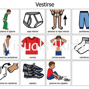 Spanish Getting Dressed Visual Autism, Picture Communication Cards Board - AAC Boardmaker - Putting on Clothes