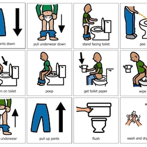 Puede incluir: Una cuadrícula de doce ilustraciones instructivas que representan los pasos para el entrenamiento para ir al baño. Cada cuadrado muestra una figura de dibujos animados con camisa verde y pantalones azules, acompañada de etiquetas de texto como pull pants down, pee, sit down on toilet, poop y wash and dry hands.