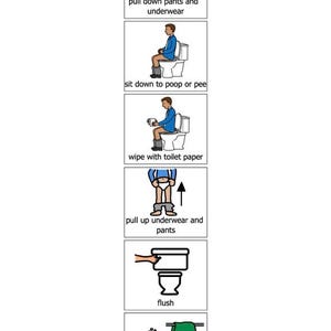 May include: A sequence of six illustrated steps for using the toilet. The steps include pulling down pants and underwear, sitting, wiping, pulling up pants, flushing, and washing hands. Each step is accompanied by text.