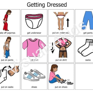 Puede incluir: Una guía visual titulada "Getting Dressed" con ilustraciones que muestran pasos como quitarse el pijama, ponerse la ropa interior, ponerse los pantalones, la camisa, los calcetines y los zapatos. Las imágenes son dibujos lineales sencillos con acentos de color.