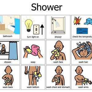 Rutina de secuencia de ducha Ayuda visual para el autismo AAC - Tarjetas de comunicación con imágenes de Boardmaker