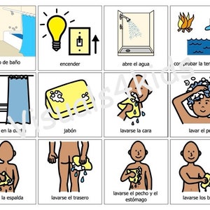 Spaans Douchen Routine Autisme, visuele hulp AAC- communicatiekaarten met afbeeldingen - Boardmaker