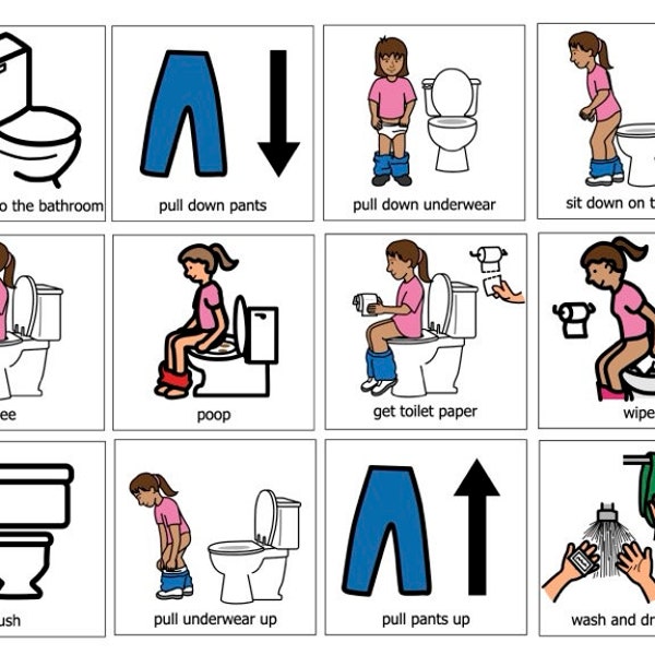 Visual Bathroom Potty Training Toilet for Girls Autism, Boardmaker AAC - Picture Communication Cards