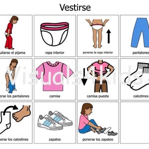 Spaans aankleden Visueel meisje autisme, fotocommunicatiekaarten Bord - OC-bordmaker - kleren aandoen