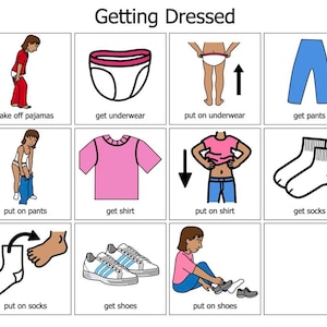 May include: An illustrated guide titled "Getting Dressed" showing steps for dressing. The steps include taking off pyjamas, getting underwear, putting on underwear, getting trousers, putting on trousers, getting a shirt, putting on a shirt, getting socks, putting on socks, getting shoes, and putting on shoes.