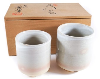 Pair of two Japanese yunomi hagi yaki mugs with original box, for traditional Japanese tea, perfect as wedding gift.