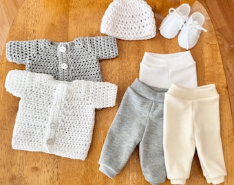 Micro Preemie Boy Bereavement Outfit:  Crochet Cardigan, Knit Pants, Felt Shoes 2-2.5 Pounds