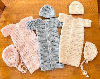 Micro Preemie Crocheted Bunting, Beanie or Bonnet, Bereavement Outfit, Light Ivory, Baby Blue, Light Pink, 20 Weeks