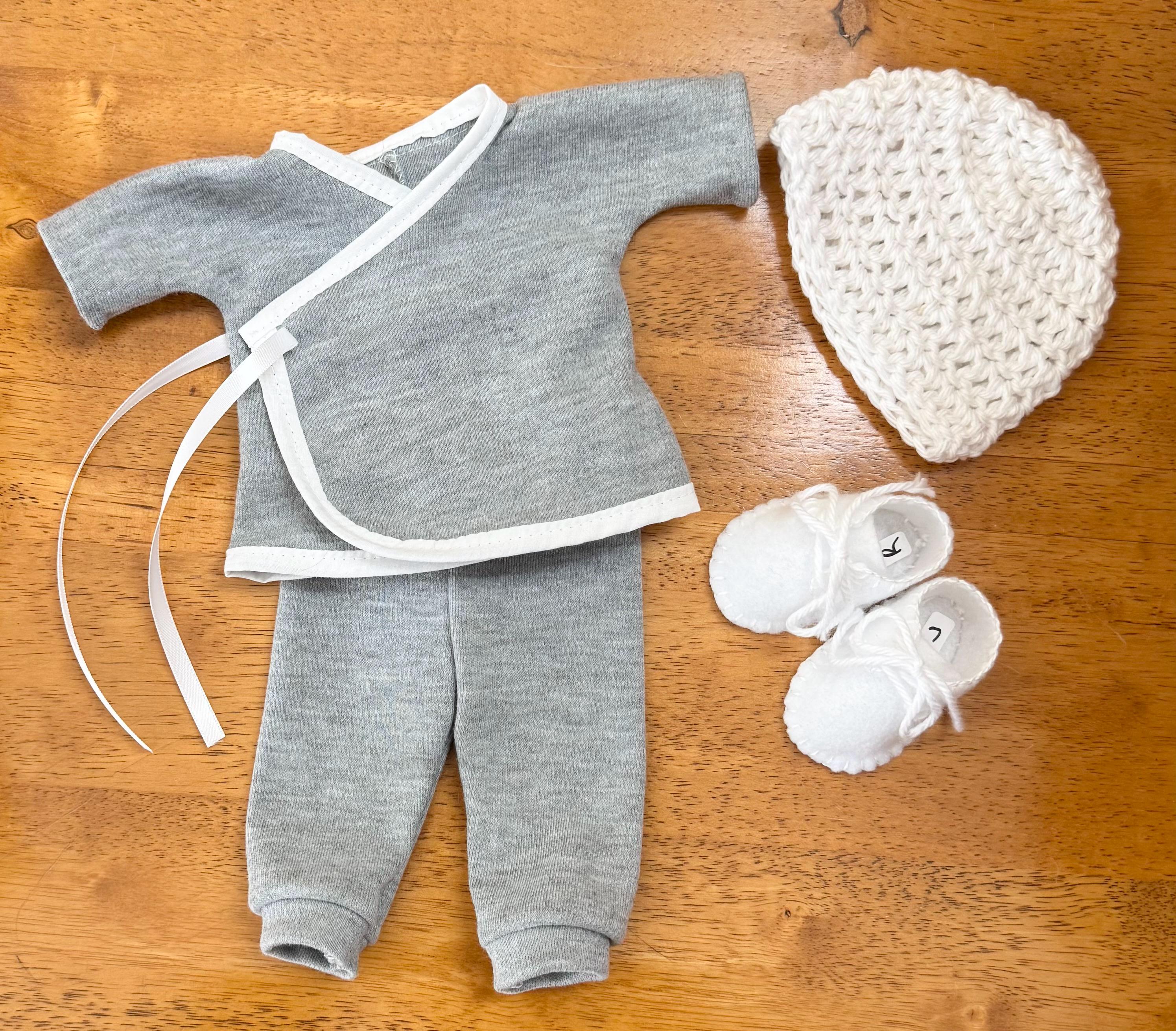 Micro Preemie Boy Kimono Shirt, Pants, Crochet Hat, Felt Shoes, Bereavement Outfit, 1.5 to 2.5 lbs, Gray