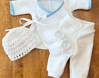 Micro Preemie Boy Kimono Shirt, Pants, Crocheted Hat, Felt Shoes, Bereavement Outfit, 1.5 to 2.5 lbs