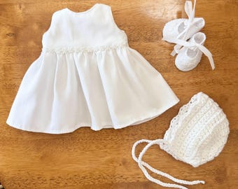 Micro Preemie Girl Bereavement Outfit:  White Dress, Bonnet and Felt Shoes, 24-28 Weeks Gestation