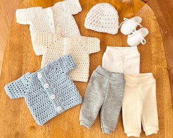 Micro Preemie Boy Bereavement Outfit:  Crochet Cardigan, Knit Pants, Felt Shoes 1.5 Pounds