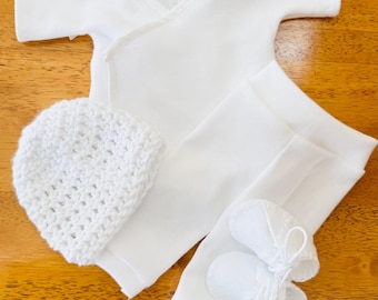 Micro Preemie Boy Kimono Shirt, Pants, Crochet Hat, Felt Shoes, Bereavement Outfit, 1.5 to 2.5 lbs