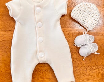 Micro Preemie Knit Romper, Felt Shoes, Crochet Beanie, Bereavement Outfit, 24 Weeks Gestation
