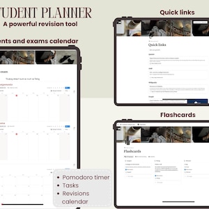 Peut inclure: Interface num&eacute;rique d'un planificateur &eacute;tudiant affich&eacute; sur plusieurs tablettes. Le planificateur comprend des sections pour les devoirs, les examens, les liens rapides et les fiches. Comprend un minuteur Pomodoro, la gestion des t&acirc;ches et un calendrier des r&eacute;visions. Le texte "STUDENT PLANNER" est en haut.