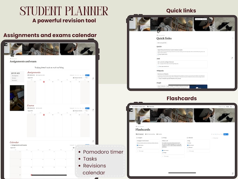 Peut inclure: Interface num&eacute;rique d'un planificateur &eacute;tudiant affich&eacute; sur plusieurs tablettes. Le planificateur comprend des sections pour les devoirs, les examens, les liens rapides et les fiches. Comprend un minuteur Pomodoro, la gestion des t&acirc;ches et un calendrier des r&eacute;visions. Le texte "STUDENT PLANNER" est en haut.