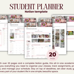 May include: A digital student planner template with a pink and white design. The title "STUDENT PLANNER" is displayed at the top. The image shows several pages with calendars and organizational tools. The planner includes over 20 pages.