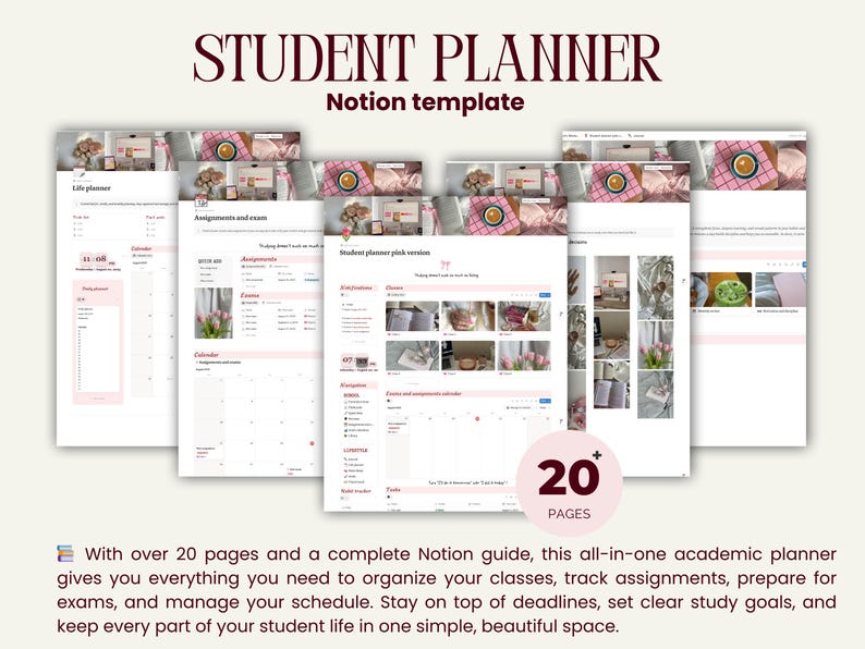 May include: A digital student planner template with a pink and white design. The title "STUDENT PLANNER" is displayed at the top. The image shows several pages with calendars and organizational tools. The planner includes over 20 pages.