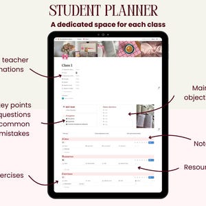 May include: A digital student planner displayed on a tablet. The screen shows a detailed layout with sections for class information, key points, notes, exercises, and resources. The text "STUDENT PLANNER" and "A dedicated space for each class" are visible.