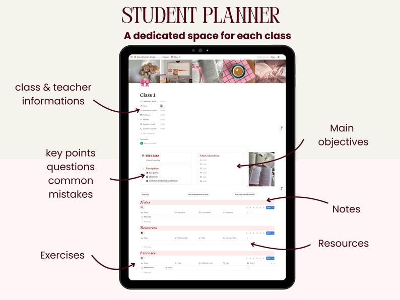 May include: A digital student planner displayed on a tablet. The screen shows a detailed layout with sections for class information, key points, notes, exercises, and resources. The text "STUDENT PLANNER" and "A dedicated space for each class" are visible.