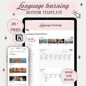 Peut inclure: Une maquette numérique Notion pour l'apprentissage des langues, affichée sur une tablette et un smartphone. Le modèle comprend un tableau de bord, un suivi des études et un plan d'études. Le texte de l'image indique "Language learning", "Notion Template" et "20+ Pages". Un guide Notion est inclus.