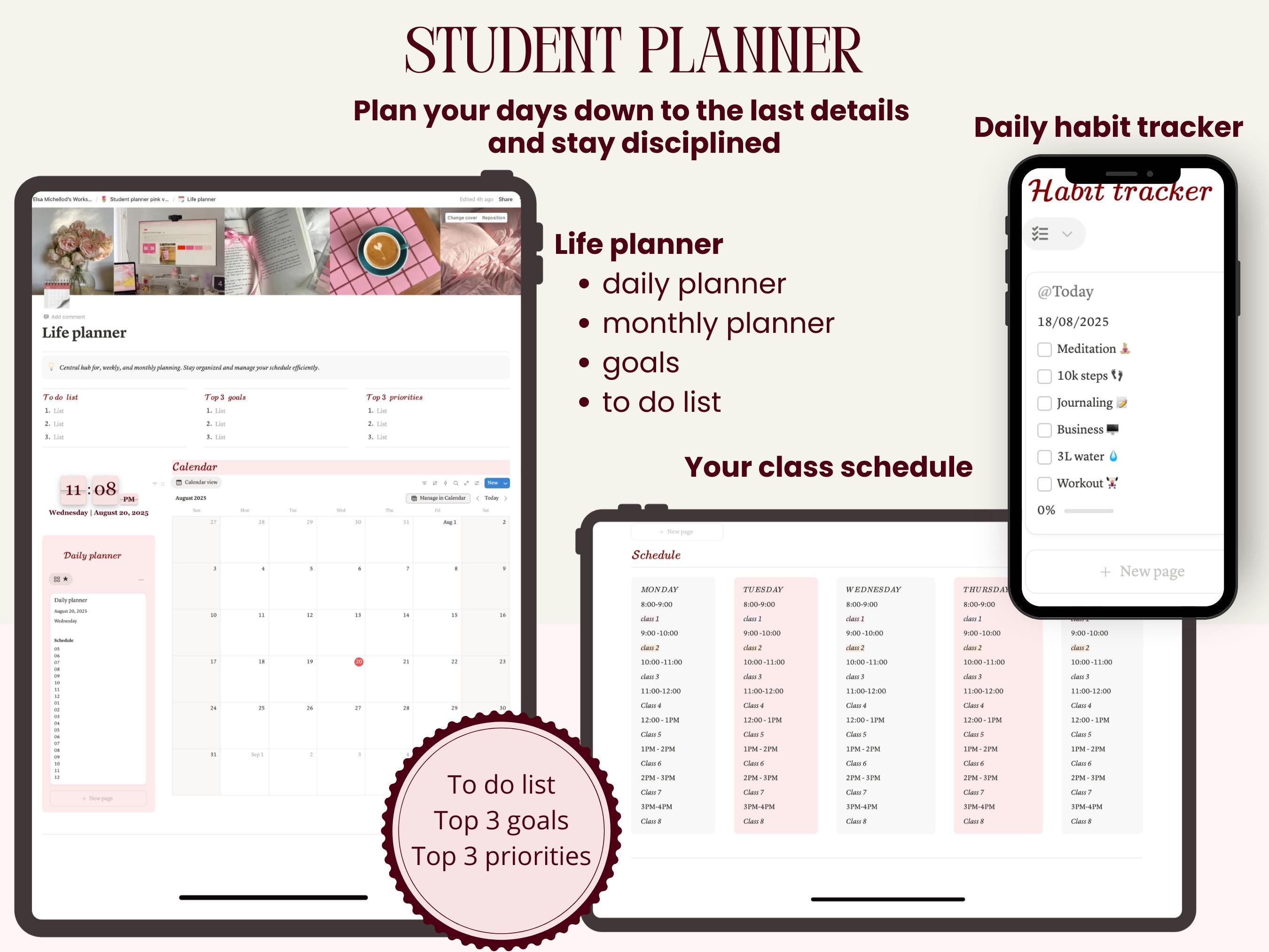 Pink Aesthetic Notion Student Planner That Girl University Dashboard ...