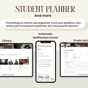 Peut inclure: Interface num&eacute;rique d'un planificateur &eacute;tudiant avec le titre "STUDENT PLANNER" en bordeaux. L'image montre une tablette et un smartphone affichant des fonctionnalit&eacute;s telles qu'une biblioth&egrave;que, des notifications et un calculateur de notes. Le texte dit "Tout ce dont vous avez besoin..."