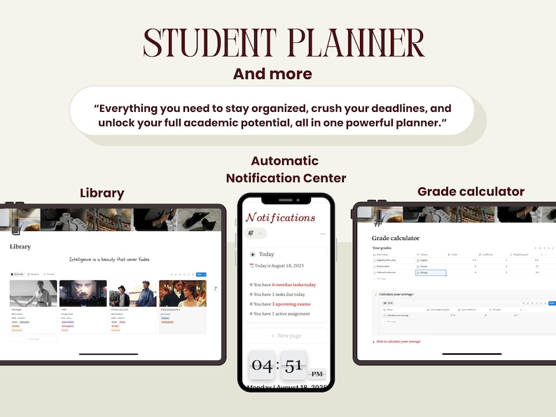 Peut inclure: Interface num&eacute;rique d'un planificateur &eacute;tudiant avec le titre "STUDENT PLANNER" en bordeaux. L'image montre une tablette et un smartphone affichant des fonctionnalit&eacute;s telles qu'une biblioth&egrave;que, des notifications et un calculateur de notes. Le texte dit "Tout ce dont vous avez besoin..."