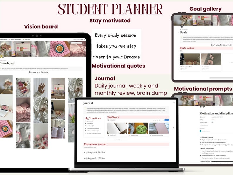 May include: Digital student planner displayed on a laptop and two tablets. The planner includes sections for a vision board, journal, goal gallery, and motivational prompts. Text on the screen includes "Student Planner", "Stay motivated", and "Journal".