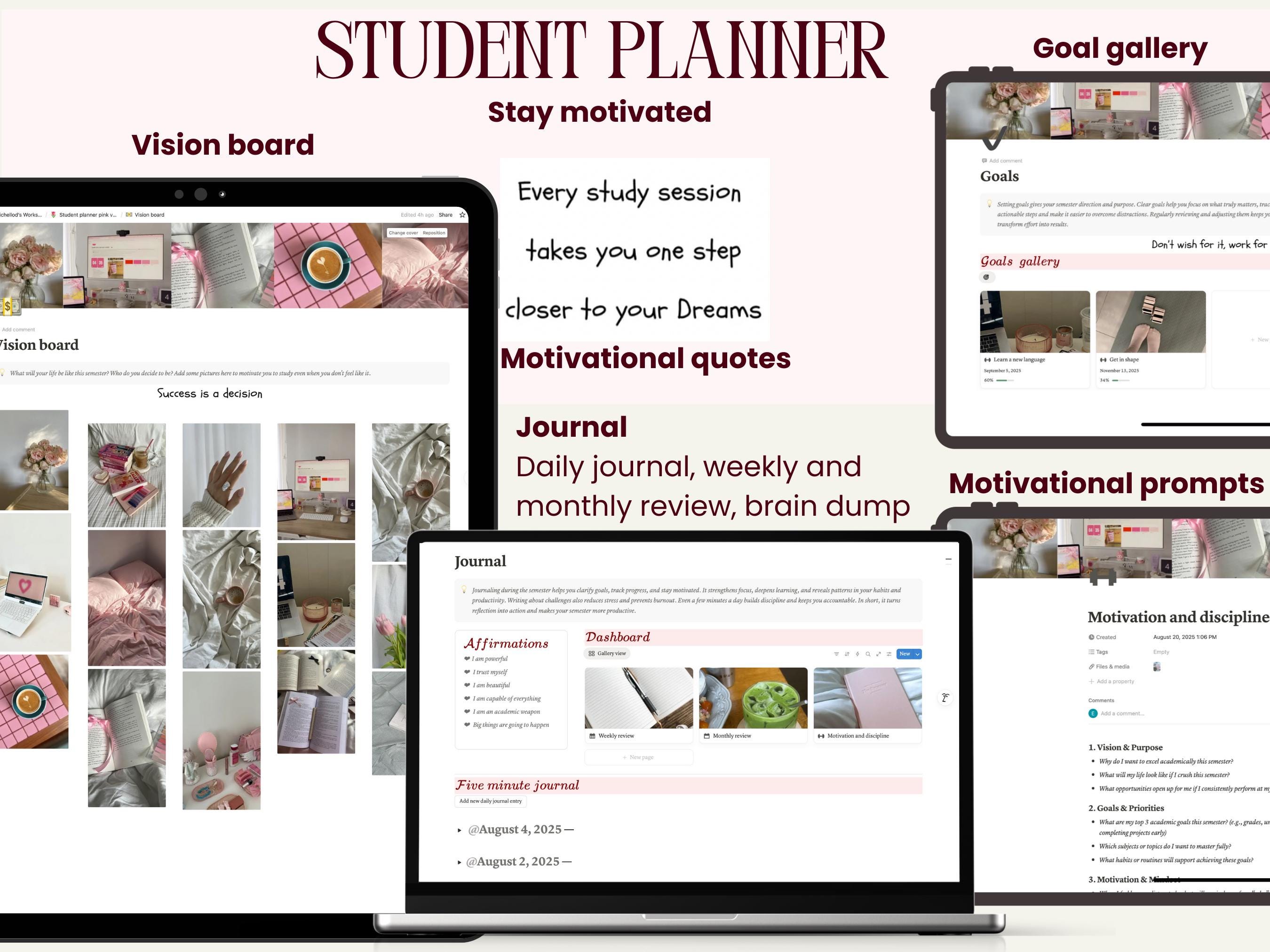 Pink Aesthetic Notion Student Planner That Girl University Dashboard ...