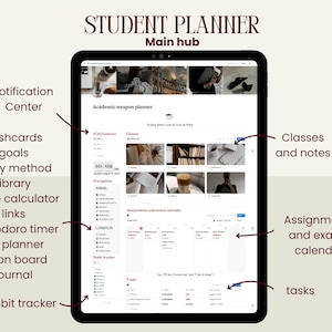 Peut inclure: Un planificateur &eacute;tudiant num&eacute;rique affich&eacute; sur une tablette noire. L'&eacute;cran pr&eacute;sente une interface claire et organis&eacute;e avec des sections pour les cours, les devoirs et un suivi des habitudes. Le texte "STUDENT PLANNER" est en haut.
