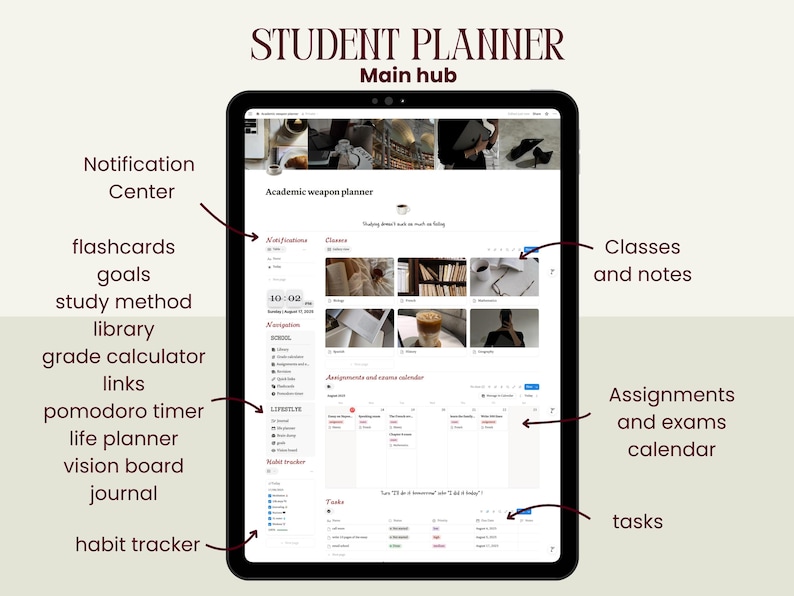 Peut inclure: Un planificateur &eacute;tudiant num&eacute;rique affich&eacute; sur une tablette noire. L'&eacute;cran pr&eacute;sente une interface claire et organis&eacute;e avec des sections pour les cours, les devoirs et un suivi des habitudes. Le texte "STUDENT PLANNER" est en haut.