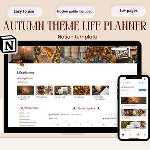 Op de afbeelding: Een digitaal levensplanner-ontwerp met herfstthema, getoond op een laptop en smartphone. De Notion-sjabloon bevat secties voor gezondheid, financiën en het volgen van gewoonten. De afbeelding bevat ook een kaars en herfstbladeren.