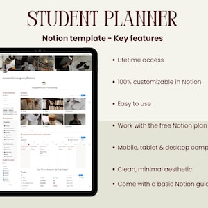 Peut inclure: Une tablette noire affiche un mod&egrave;le de planificateur &eacute;tudiant dans Notion. L'&eacute;cran montre une interface de planificateur avec des sections pour les notifications, les cours et les devoirs. Le texte en haut indique "STUDENT PLANNER" et "Notion template - Key features."