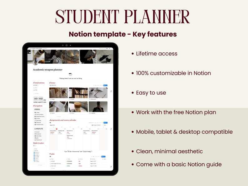 Peut inclure: Une tablette noire affiche un mod&egrave;le de planificateur &eacute;tudiant dans Notion. L'&eacute;cran montre une interface de planificateur avec des sections pour les notifications, les cours et les devoirs. Le texte en haut indique "STUDENT PLANNER" et "Notion template - Key features."