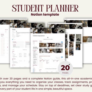 Peut inclure: Un mod&egrave;le de planificateur &eacute;tudiant num&eacute;rique pour Notion, avec plusieurs pages pour organiser les cours, les devoirs et les horaires. Le titre "STUDENT PLANNER" est affich&eacute; en police bordeaux. L'image montre un planificateur num&eacute;rique avec plus de 20 pages.
