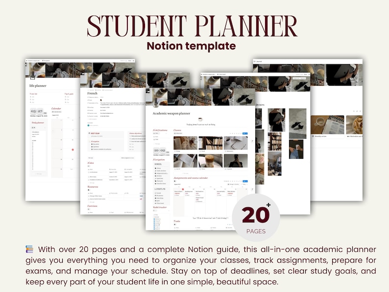 Peut inclure: Un mod&egrave;le de planificateur &eacute;tudiant num&eacute;rique pour Notion, avec plusieurs pages pour organiser les cours, les devoirs et les horaires. Le titre "STUDENT PLANNER" est affich&eacute; en police bordeaux. L'image montre un planificateur num&eacute;rique avec plus de 20 pages.