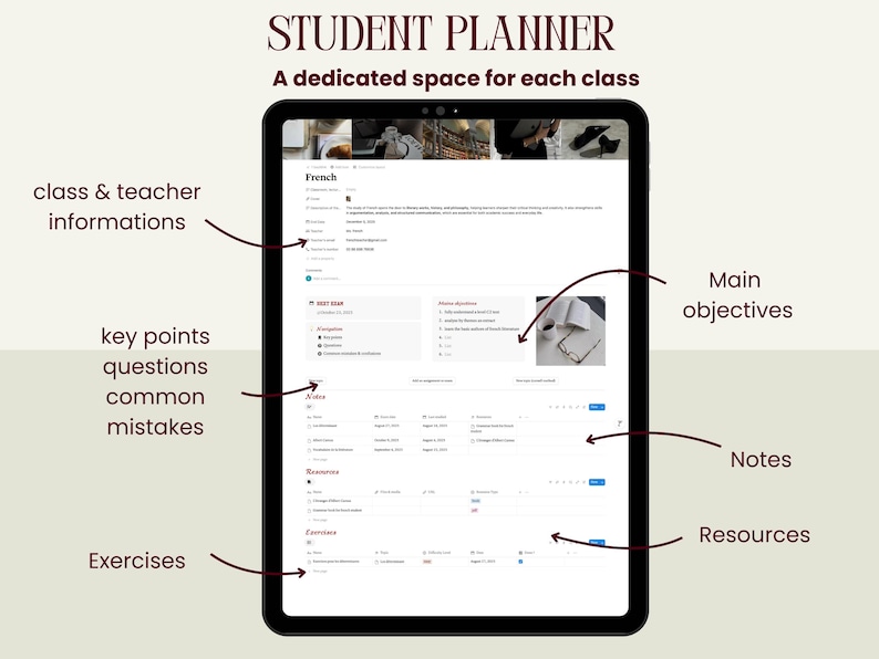 Peut inclure: Un planificateur &eacute;tudiant num&eacute;rique affich&eacute; sur une tablette. L'&eacute;cran pr&eacute;sente une mise en page de cours de fran&ccedil;ais avec des sections pour les informations de classe, les points cl&eacute;s, les notes, les exercices et les ressources. Le texte en haut indique "STUDENT PLANNER".