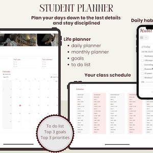 Peut inclure: Interface de planificateur &eacute;tudiant num&eacute;rique affich&eacute;e sur des tablettes et un t&eacute;l&eacute;phone. Le planificateur comprend un planificateur de vie, un emploi du temps et un suivi des habitudes quotidiennes. Le texte comprend "Student Planner", "Life planner", "Daily habit tracker", et "To do list".
